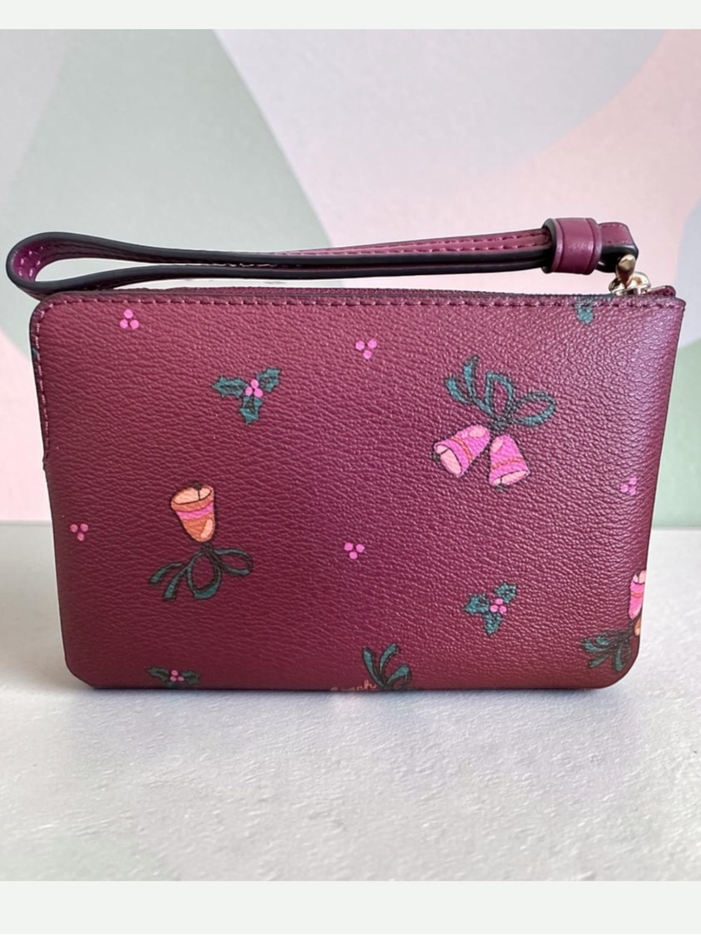COACH Burgundy holiday bells Wristlet with Gold Logo nwt - Picture 3 of 5